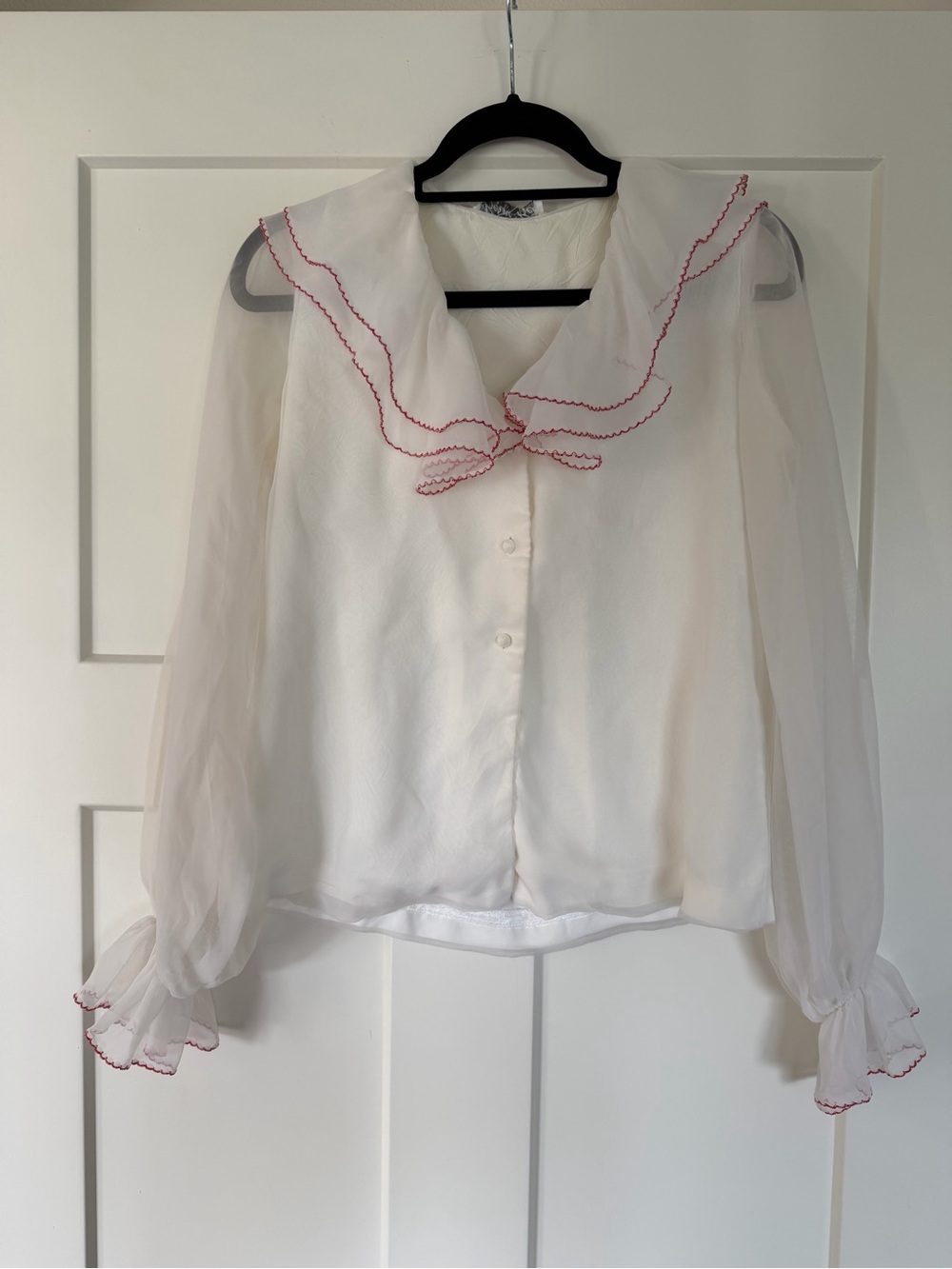 Vintage 60s/70s White Ruffled Collar Blouse with Red Trim